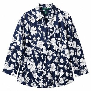 NWT$ LRL Ralph Lauren Sateen Finish Floral Button Front Top Sz 1X Blue White